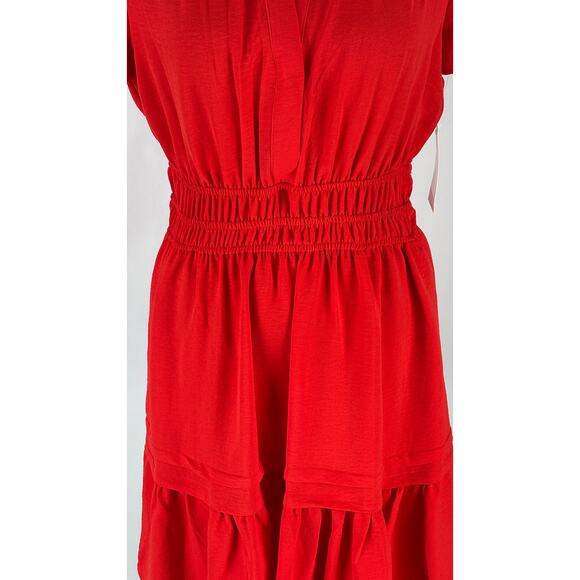 Tahari Arthur S Levine Short Sleeve Tiered Mini Dress Poppy Red Womens Small New - Picture 5 of 11
